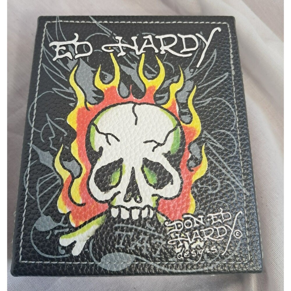 New Ed Hardy Men's Eagle Bifold Wallet Black Id Window And Skull Valet Tray Box